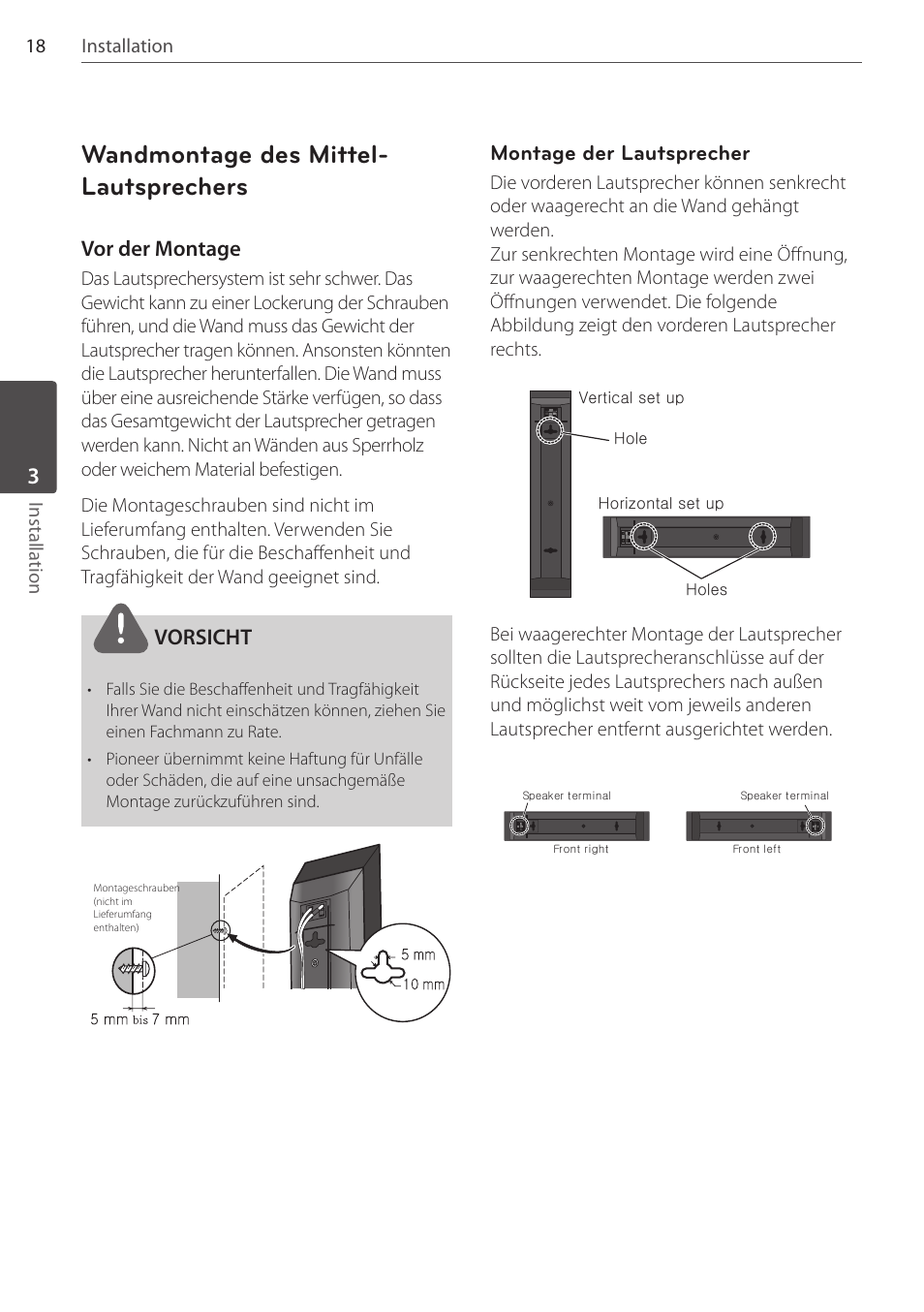 Wandmontage des mittel- lautsprechers, Vor der montage, Vorsicht | Montage der lautsprecher, 18 installation installa tion | Pioneer DCS-FS303K User Manual | Page 110 / 278