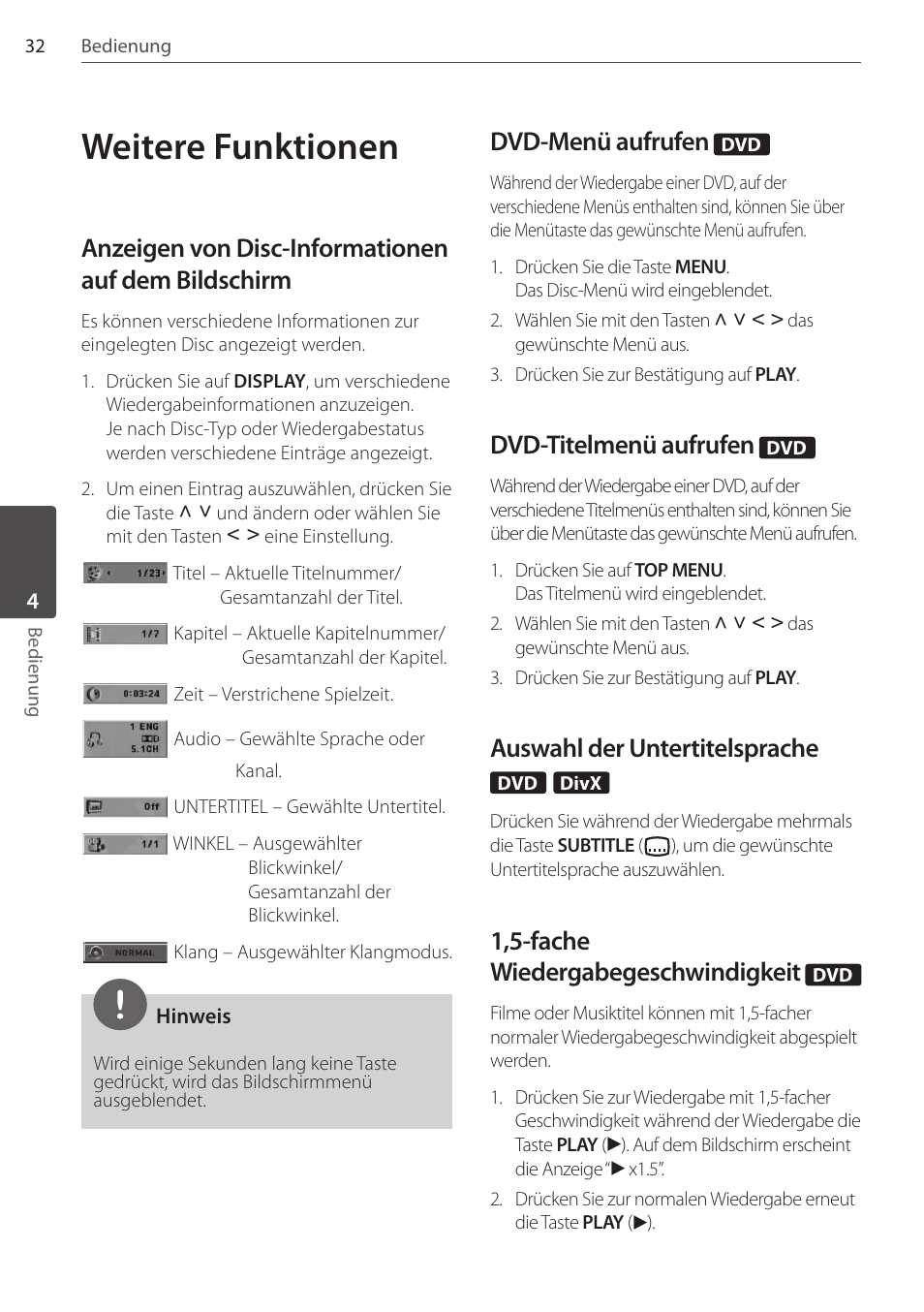 Weitere funktionen, Anzeigen von disc-informationen auf dem bildschirm, Dvd-menü aufrufen | Dvd-titelmenü aufrufen, Auswahl der untertitelsprache, 1,5-fache wiedergabegeschwindigkeit | Pioneer DCS-FS303K User Manual | Page 124 / 278