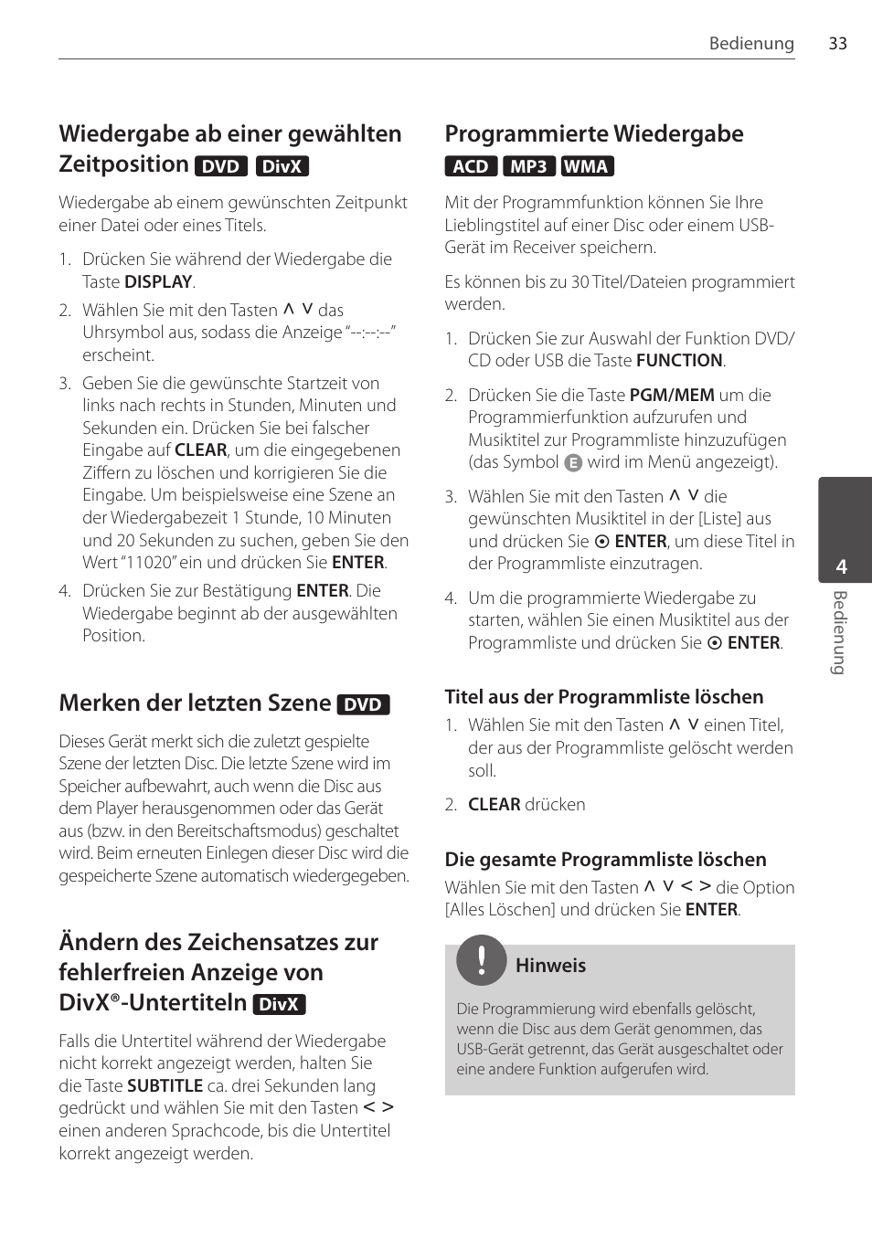 Wiedergabe ab einer gewählten zeitposition, Merken der letzten szene, Programmierte wiedergabe | Pioneer DCS-FS303K User Manual | Page 125 / 278