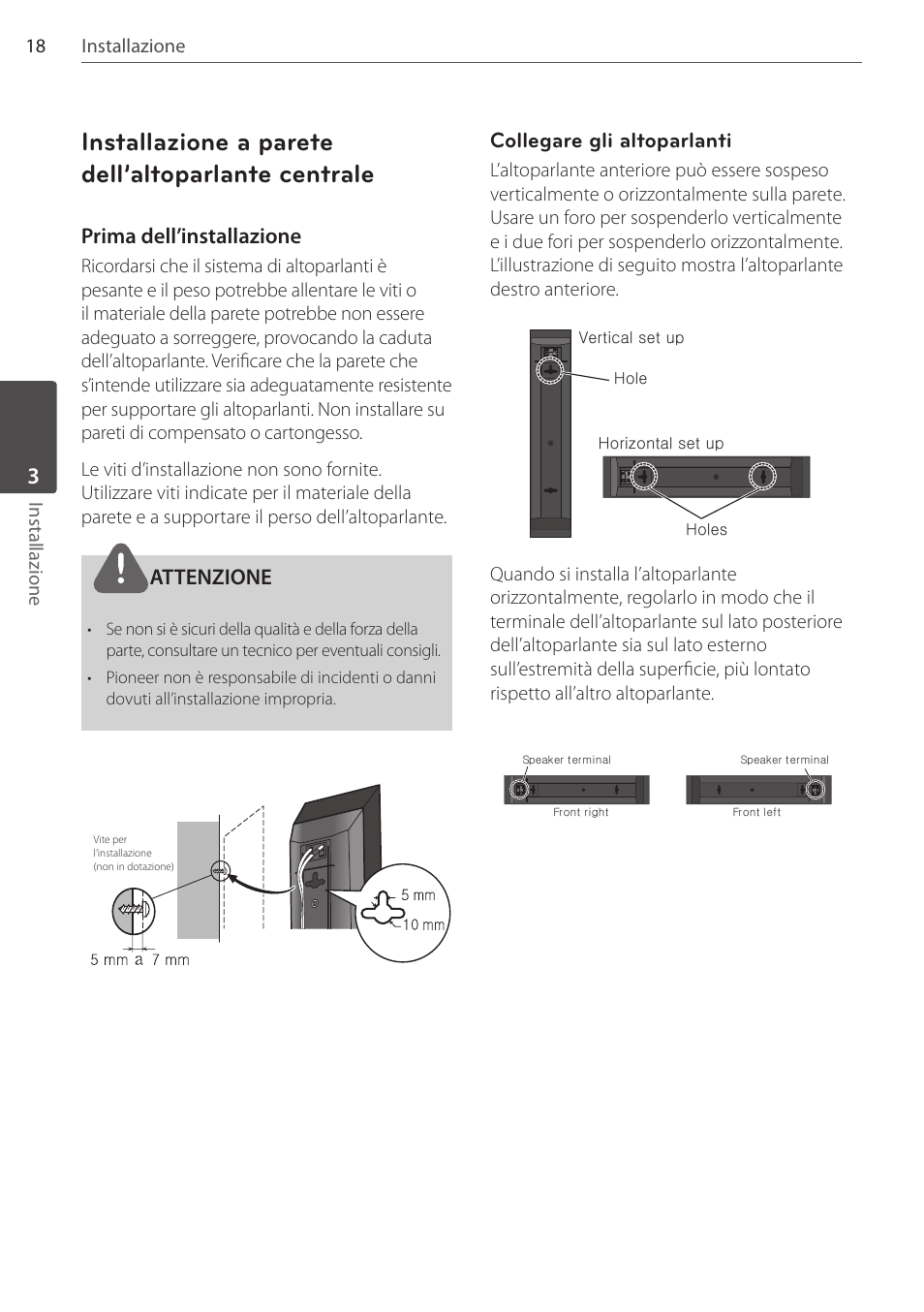 Installazione a parete dell’altoparlante centrale, Prima dell’installazione, Attenzione | Collegare gli altoparlanti, 18 installazione installazione | Pioneer DCS-FS303K User Manual | Page 156 / 278