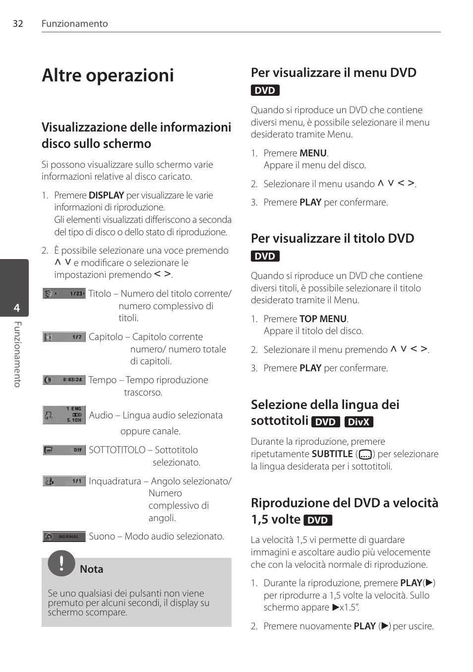 Altre operazioni, Per visualizzare il menu dvd, Per visualizzare il titolo dvd | Selezione della lingua dei sottotitoli, Riproduzione del dvd a velocità 1,5 volte | Pioneer DCS-FS303K User Manual | Page 170 / 278
