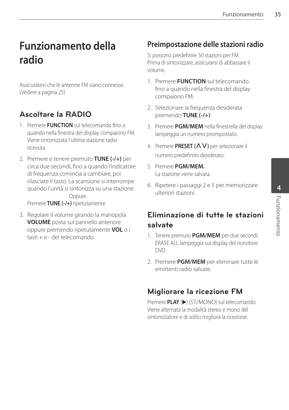 Funzionamento della radio, Ascoltare la radio, Preimpostazione delle stazioni radio | Eliminazione di tutte le stazioni salvate, Migliorare la ricezione fm | Pioneer DCS-FS303K User Manual | Page 173 / 278