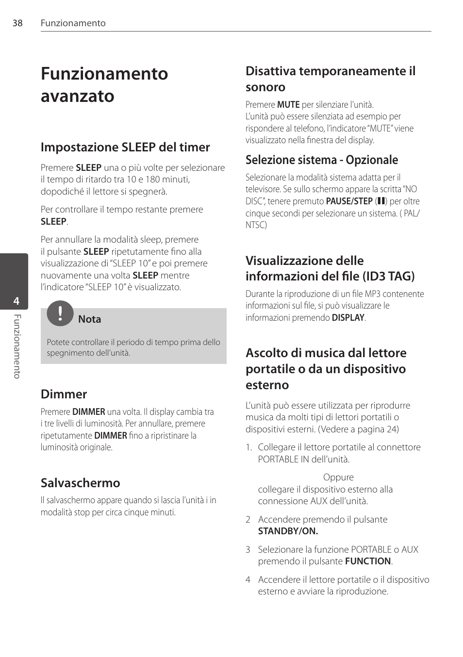 Funzionamento avanzato, Impostazione sleep del timer, Dimmer | Salvaschermo, Disattiva temporaneamente il sonoro, Selezione sistema - opzionale | Pioneer DCS-FS303K User Manual | Page 176 / 278