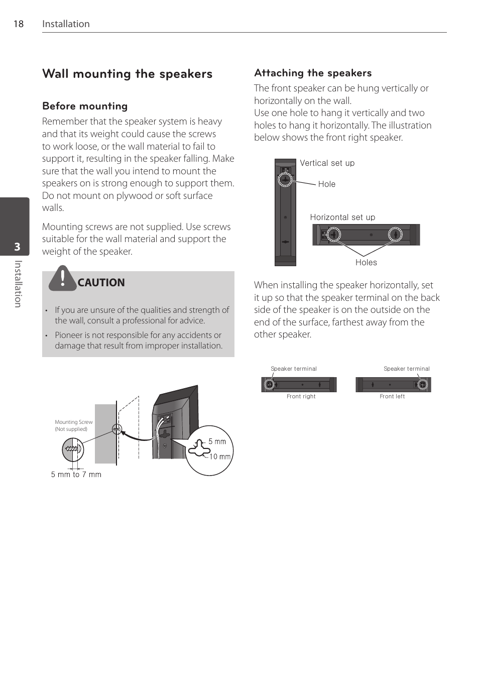 Wall mounting the speakers, Before mounting, Caution | Attaching the speakers, 18 installation installa tion | Pioneer DCS-FS303K User Manual | Page 18 / 278