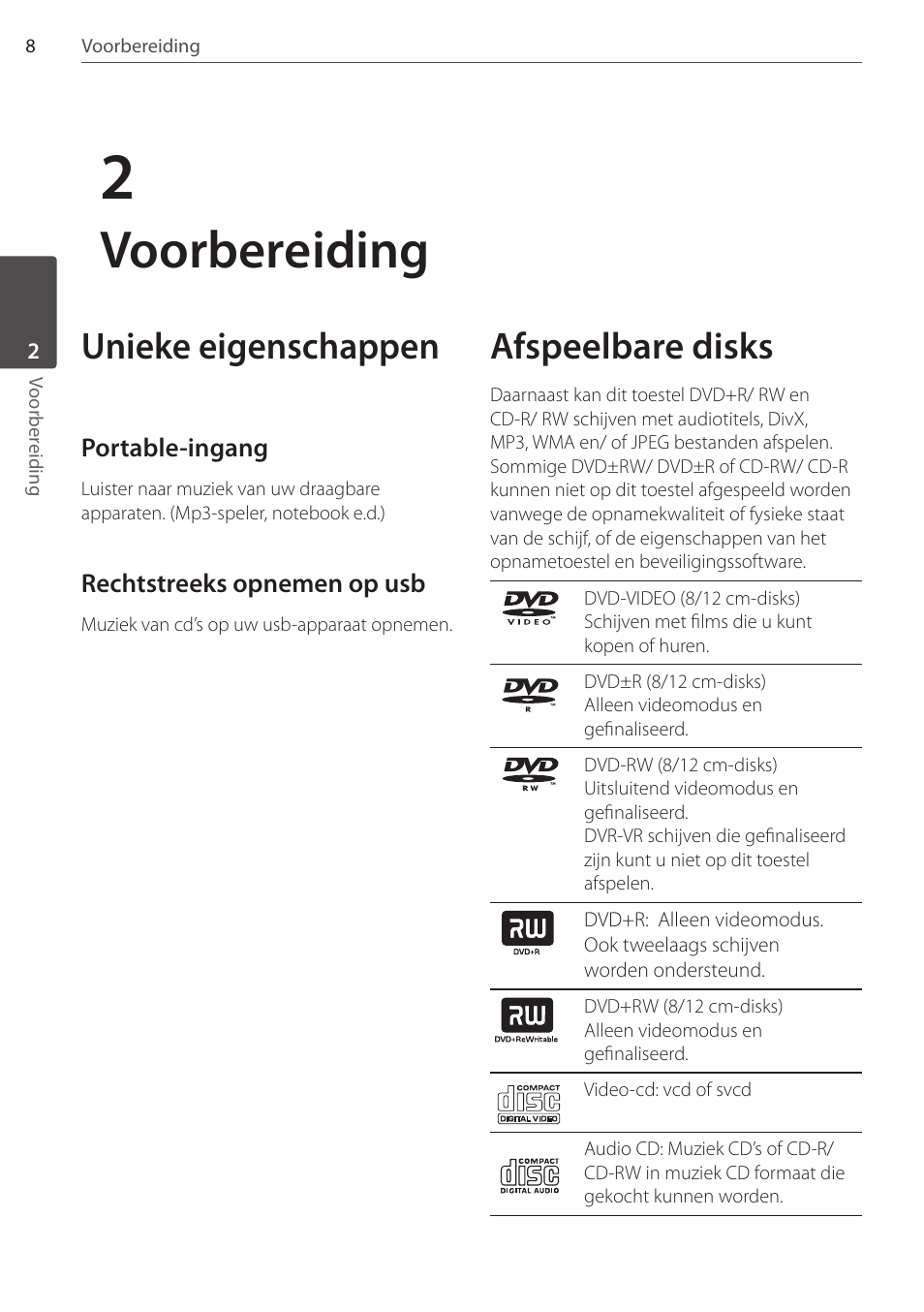 Voorbereiding, Unieke eigenschappen, Afspeelbare disks | Pioneer DCS-FS303K User Manual | Page 192 / 278