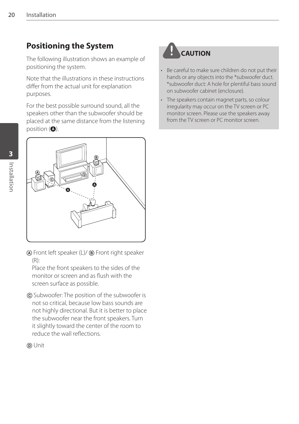 Positioning the system, Caution | Pioneer DCS-FS303K User Manual | Page 20 / 278