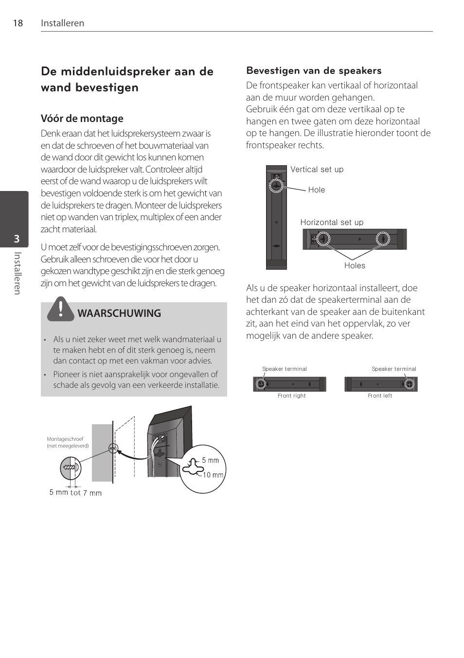 De middenluidspreker aan de wand bevestigen, Vóór de montage, Waarschuwing | Bevestigen van de speakers, 18 installeren installer en | Pioneer DCS-FS303K User Manual | Page 202 / 278