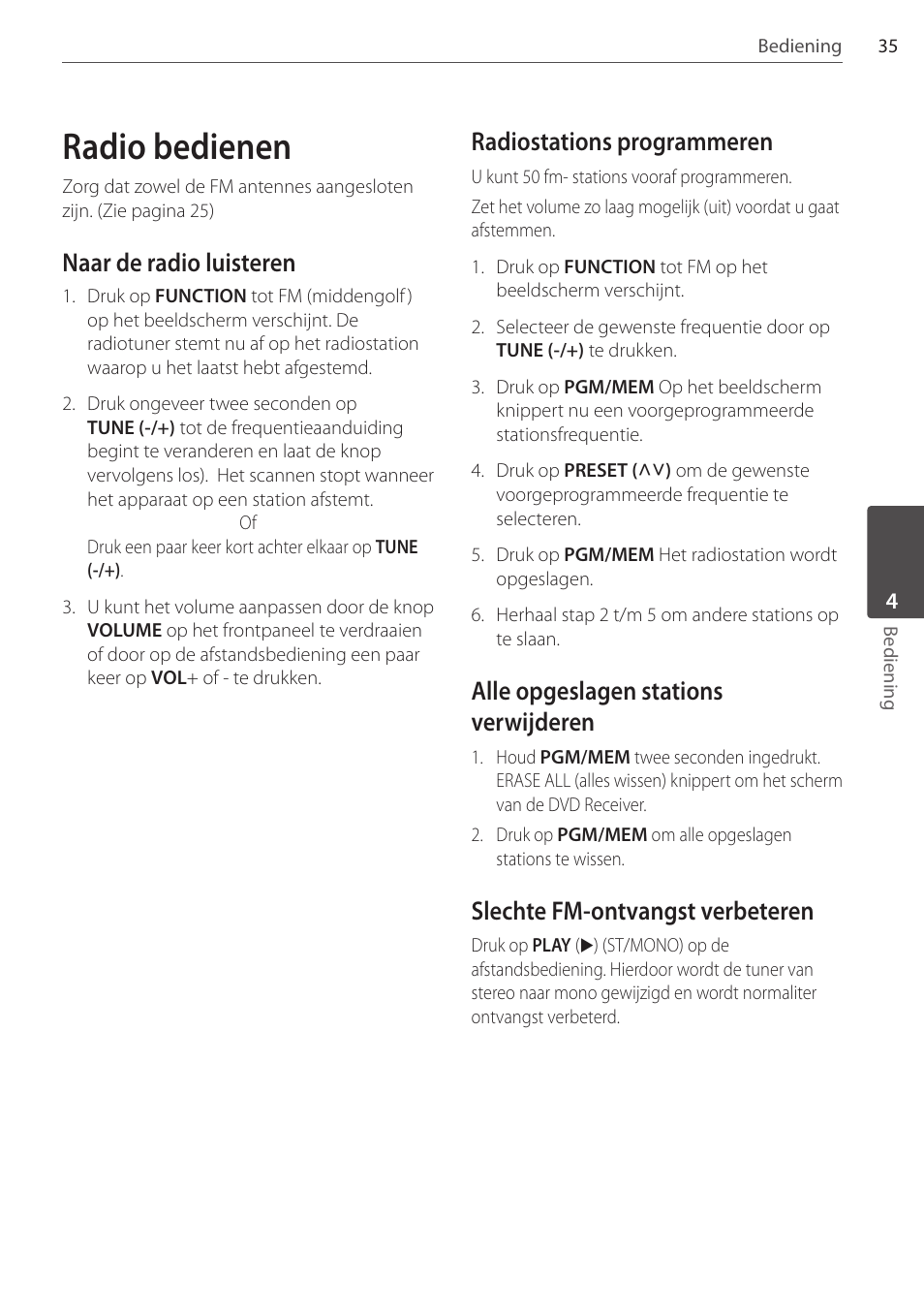 Radio bedienen, Naar de radio luisteren, Radiostations programmeren | Alle opgeslagen stations verwijderen, Slechte fm-ontvangst verbeteren | Pioneer DCS-FS303K User Manual | Page 219 / 278