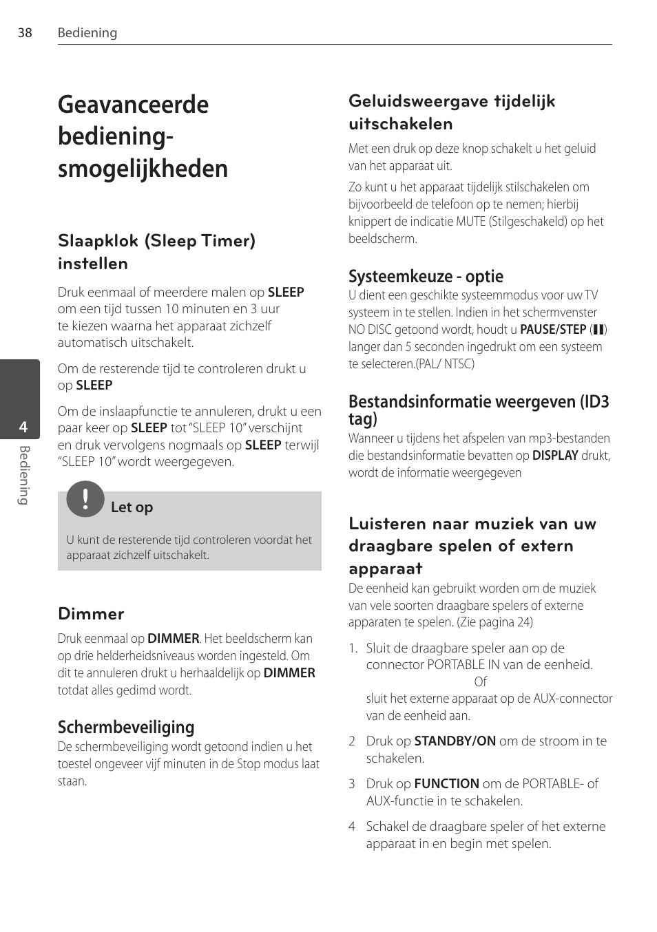 Geavanceerde bediening- smogelijkheden, Slaapklok (sleep timer) instellen, Dimmer | Schermbeveiliging, Geluidsweergave tijdelijk uitschakelen, Systeemkeuze - optie, Bestandsinformatie weergeven (id3 tag) | Pioneer DCS-FS303K User Manual | Page 222 / 278