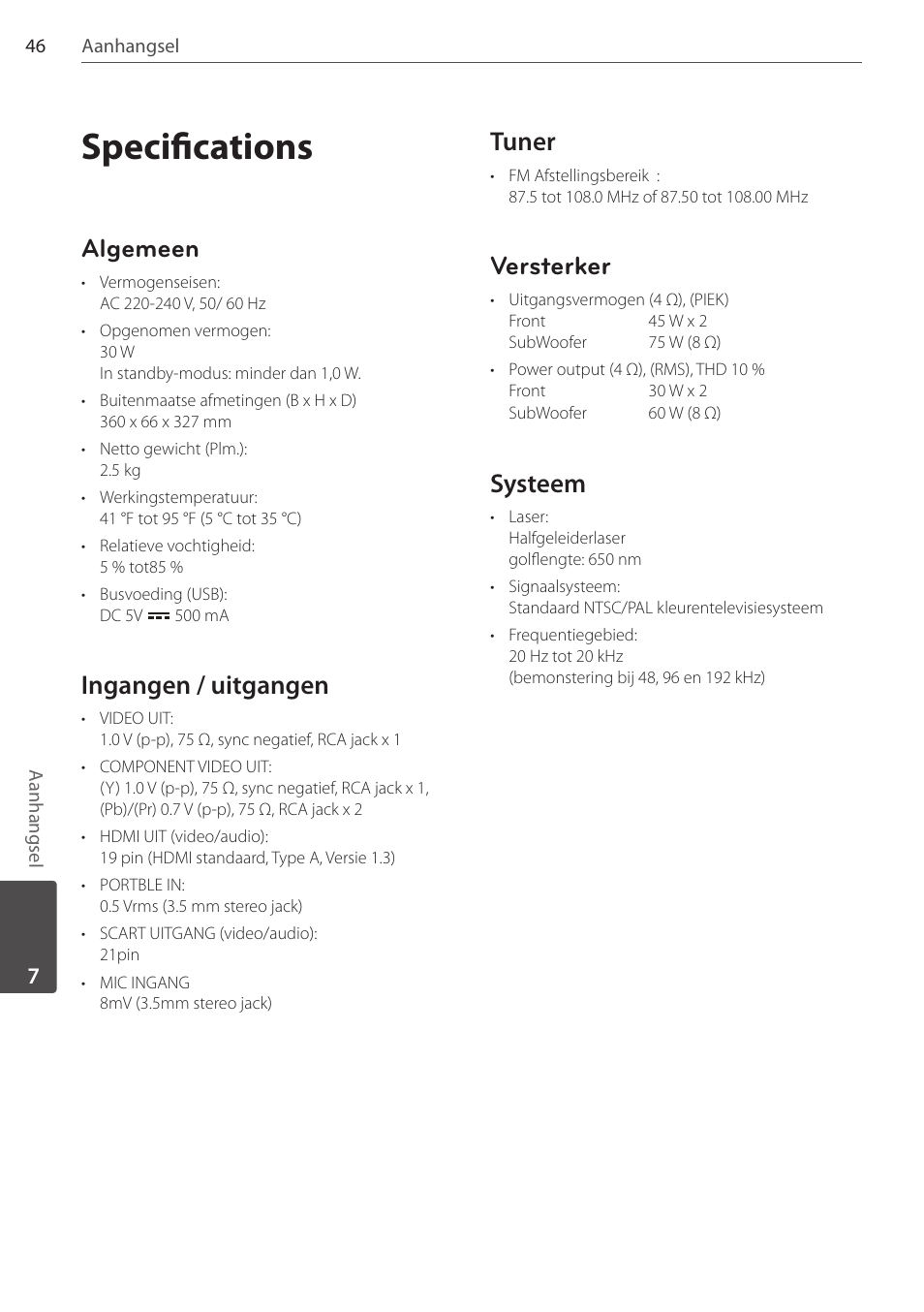 Specifications, Algemeen, Ingangen / uitgangen | Tuner, Versterker, Systeem | Pioneer DCS-FS303K User Manual | Page 230 / 278
