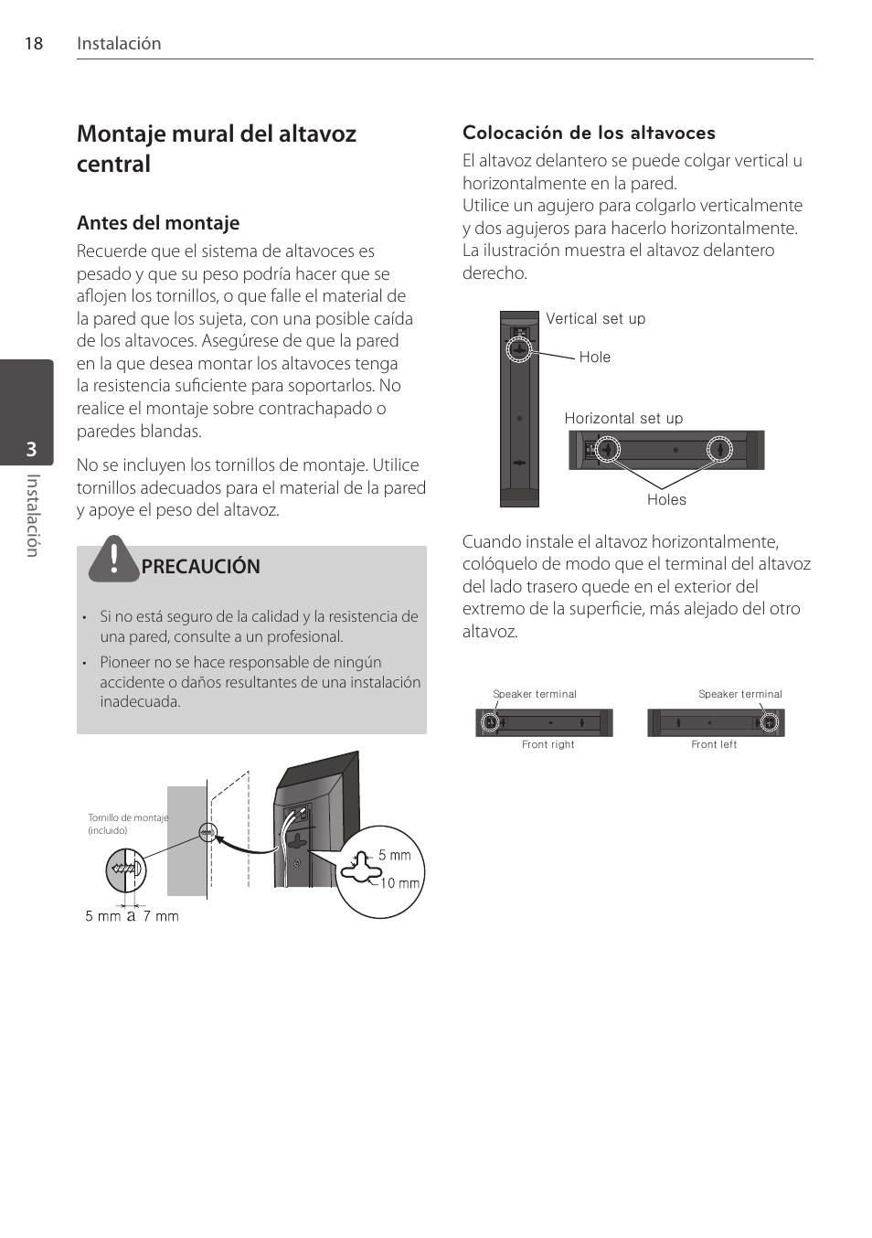 Montaje mural del altavoz central, Antes del montaje, Precaución | Colocación de los altavoces, 18 instalación instalación | Pioneer DCS-FS303K User Manual | Page 248 / 278