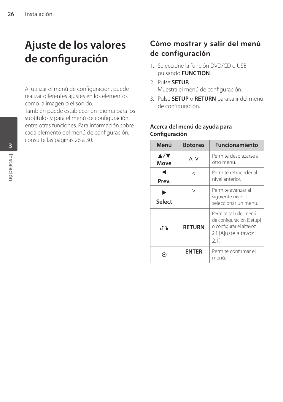 Ajuste de los valores de configuración, Cómo mostrar y salir del menú de configuración | Pioneer DCS-FS303K User Manual | Page 256 / 278