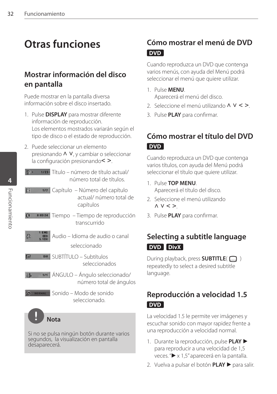 Otras funciones, Mostrar información del disco en pantalla, Cómo mostrar el menú de dvd | Cómo mostrar el título del dvd, Selecting a subtitle language, Reproducción a velocidad 1.5 | Pioneer DCS-FS303K User Manual | Page 262 / 278