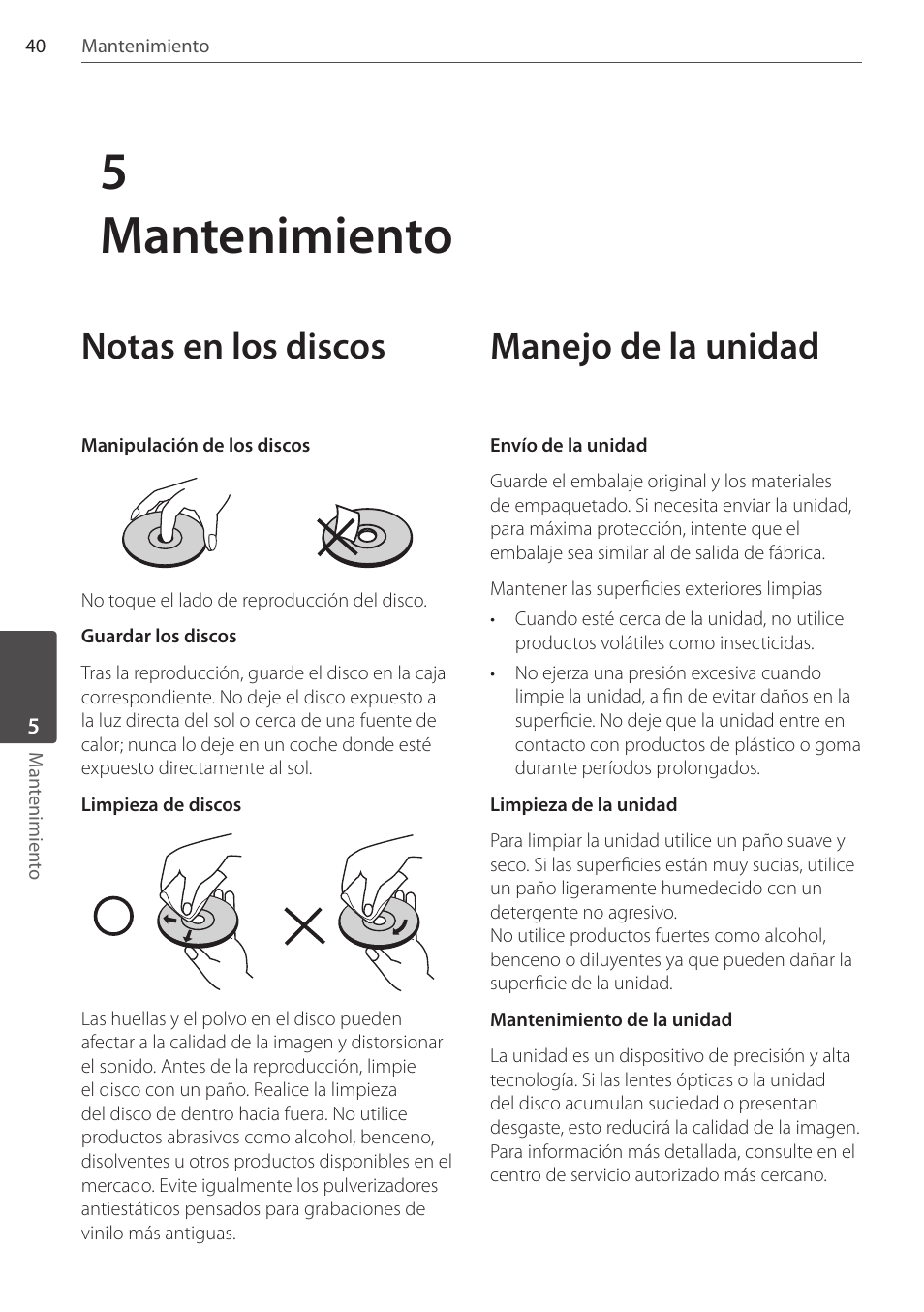 5mantenimiento, Notas en los discos, Manejo de la unidad | Pioneer DCS-FS303K User Manual | Page 270 / 278