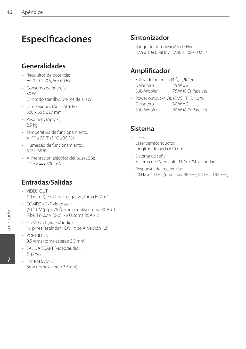 Especificaciones, Generalidades, Entradas/salidas | Sintonizador, Amplificador, Sistema | Pioneer DCS-FS303K User Manual | Page 276 / 278