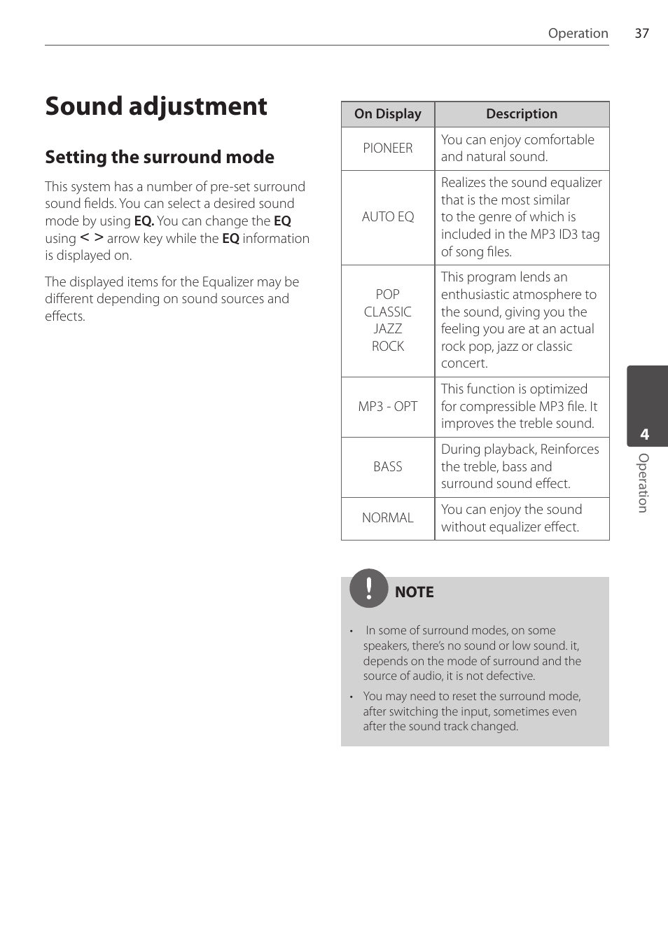 Sound adjustment, Setting the surround mode | Pioneer DCS-FS303K User Manual | Page 37 / 278