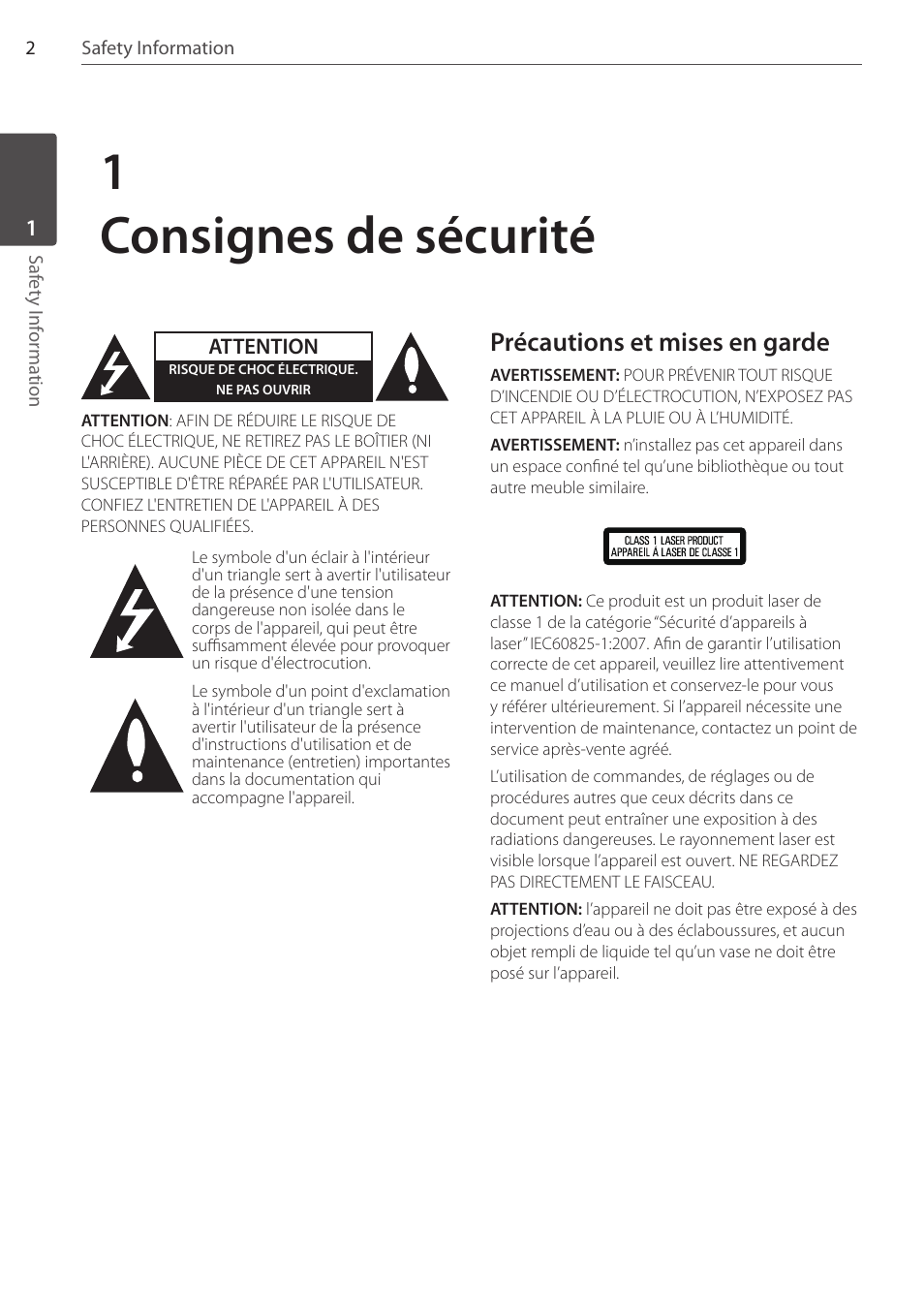 1consignes de sécurité, Précautions et mises en garde | Pioneer DCS-FS303K User Manual | Page 48 / 278