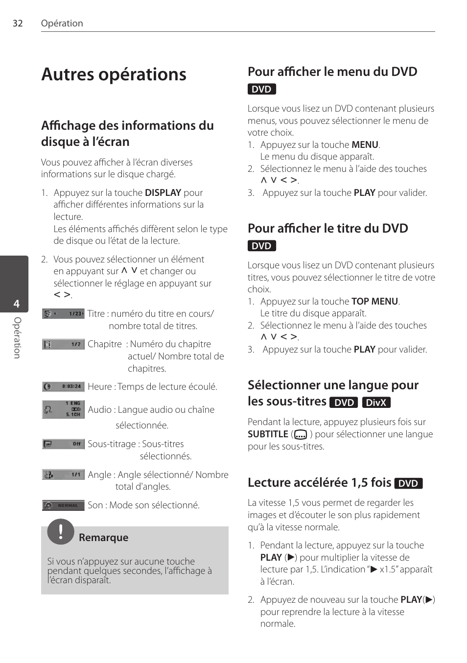 Autres opérations, Affichage des informations du disque à l’écran, Pour afficher le menu du dvd | Pour afficher le titre du dvd, Sélectionner une langue pour les sous-titres, Lecture accélérée 1,5 fois | Pioneer DCS-FS303K User Manual | Page 78 / 278