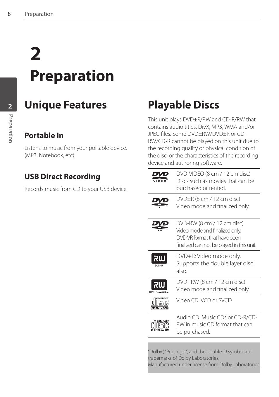 Preparation, Unique features, Playable discs | Pioneer DCS-FS303K User Manual | Page 8 / 278