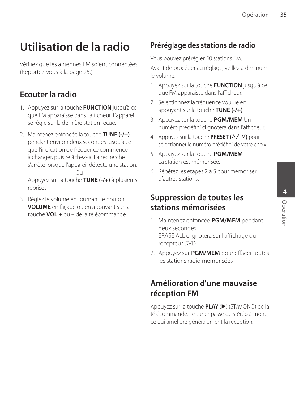 Utilisation de la radio, Ecouter la radio, Préréglage des stations de radio | Suppression de toutes les stations mémorisées, Amélioration d'une mauvaise réception fm | Pioneer DCS-FS303K User Manual | Page 81 / 278