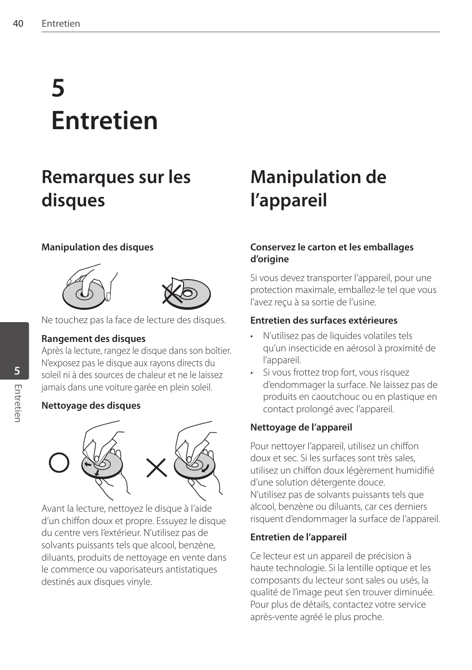 5entretien, Remarques sur les disques, Manipulation de l’appareil | Pioneer DCS-FS303K User Manual | Page 86 / 278