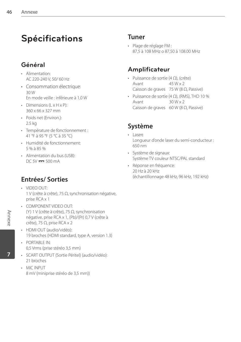 Spécifications, Général, Entrées/ sorties | Tuner, Amplificateur, Système | Pioneer DCS-FS303K User Manual | Page 92 / 278