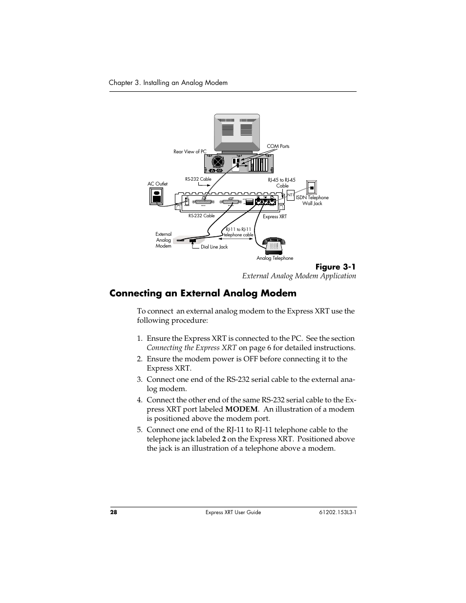 Connecting an external analog modem, Figure 3-1 external analog modem application, Chapter 3. installing an analog modem | ADTRAN Express XRT User Manual | Page 42 / 111