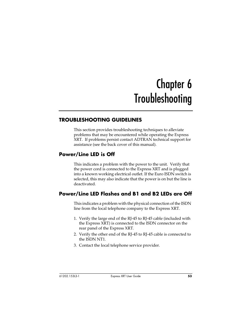 Chapter 6 troubleshooting | ADTRAN Express XRT User Manual | Page 67 / 111