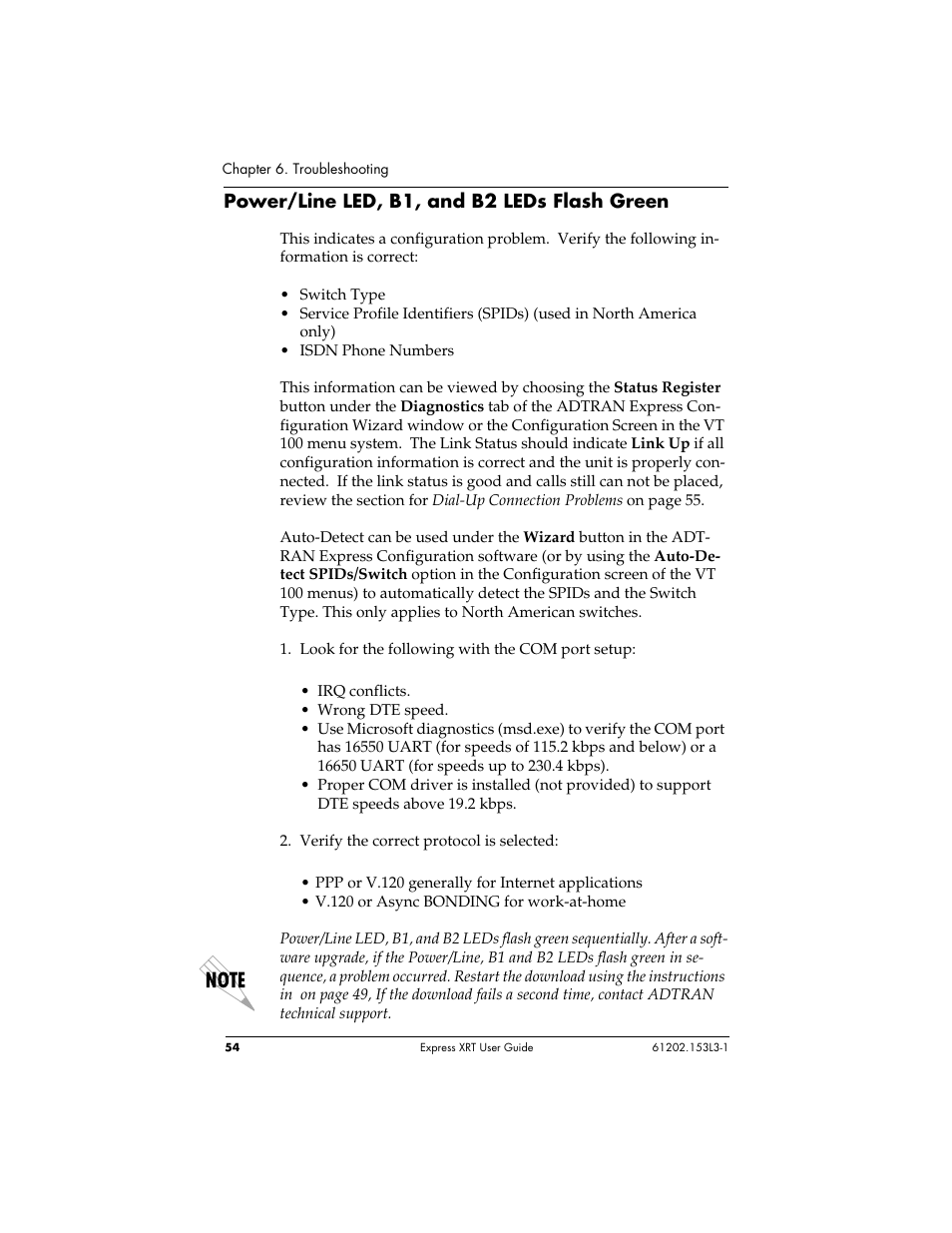 Power/line led, b1, and b2 leds flash green | ADTRAN Express XRT User Manual | Page 68 / 111