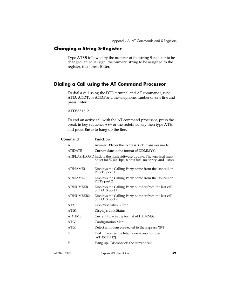 Changing a string s-register, Dialing a call using the at command processor | ADTRAN Express XRT User Manual | Page 73 / 111