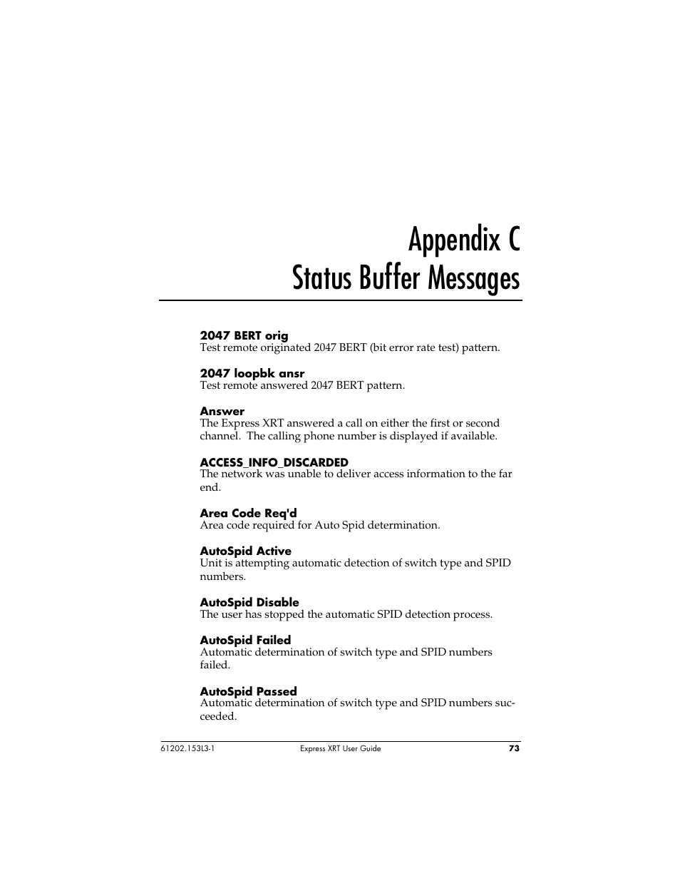 Appendix c status buffer messages | ADTRAN Express XRT User Manual | Page 87 / 111