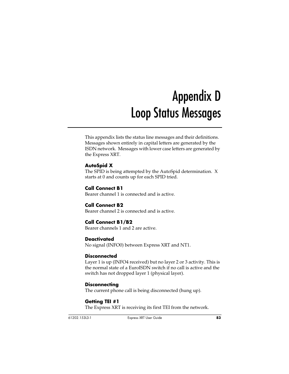 Appendix d loop status messages | ADTRAN Express XRT User Manual | Page 97 / 111