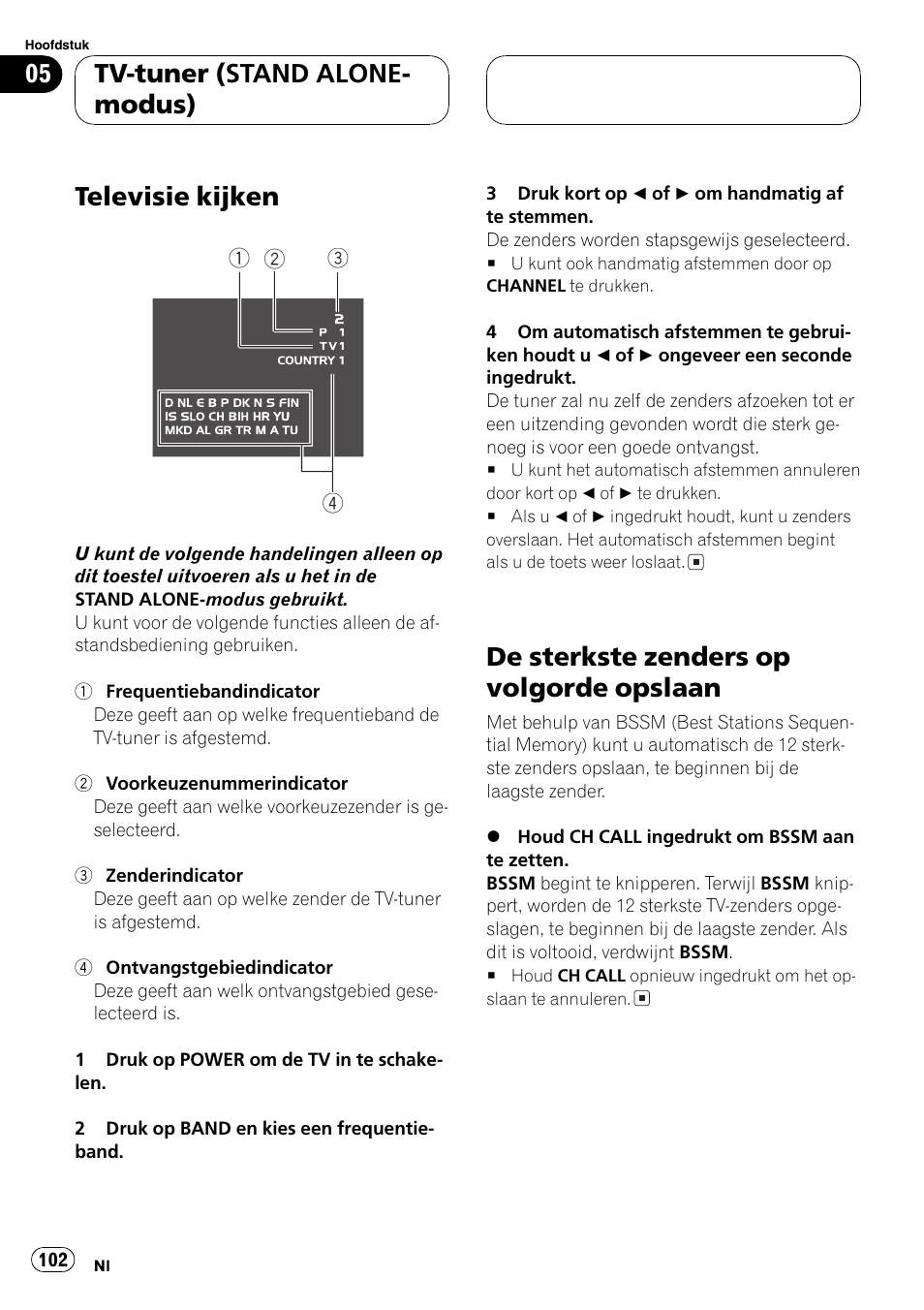 Tv-tuner (stand alone-modus), Televisie kijken 102, De sterkste zenders op volgorde | Opslaan 102, Televisie kijken, De sterkste zenders op volgorde opslaan, Tv-tuner (stand alone- modus) | Pioneer GEX-P5700TVP User Manual | Page 102 / 105