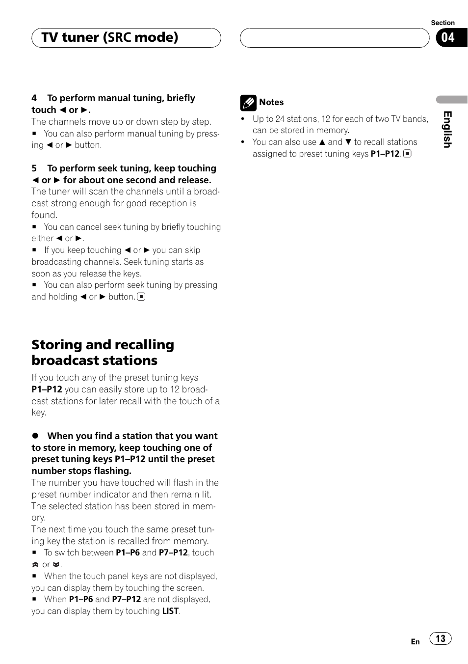 Storing and recalling broadcast stations 13, Storing and recalling broadcast stations, Tv tuner (src mode) | Pioneer GEX-P5700TVP User Manual | Page 13 / 105