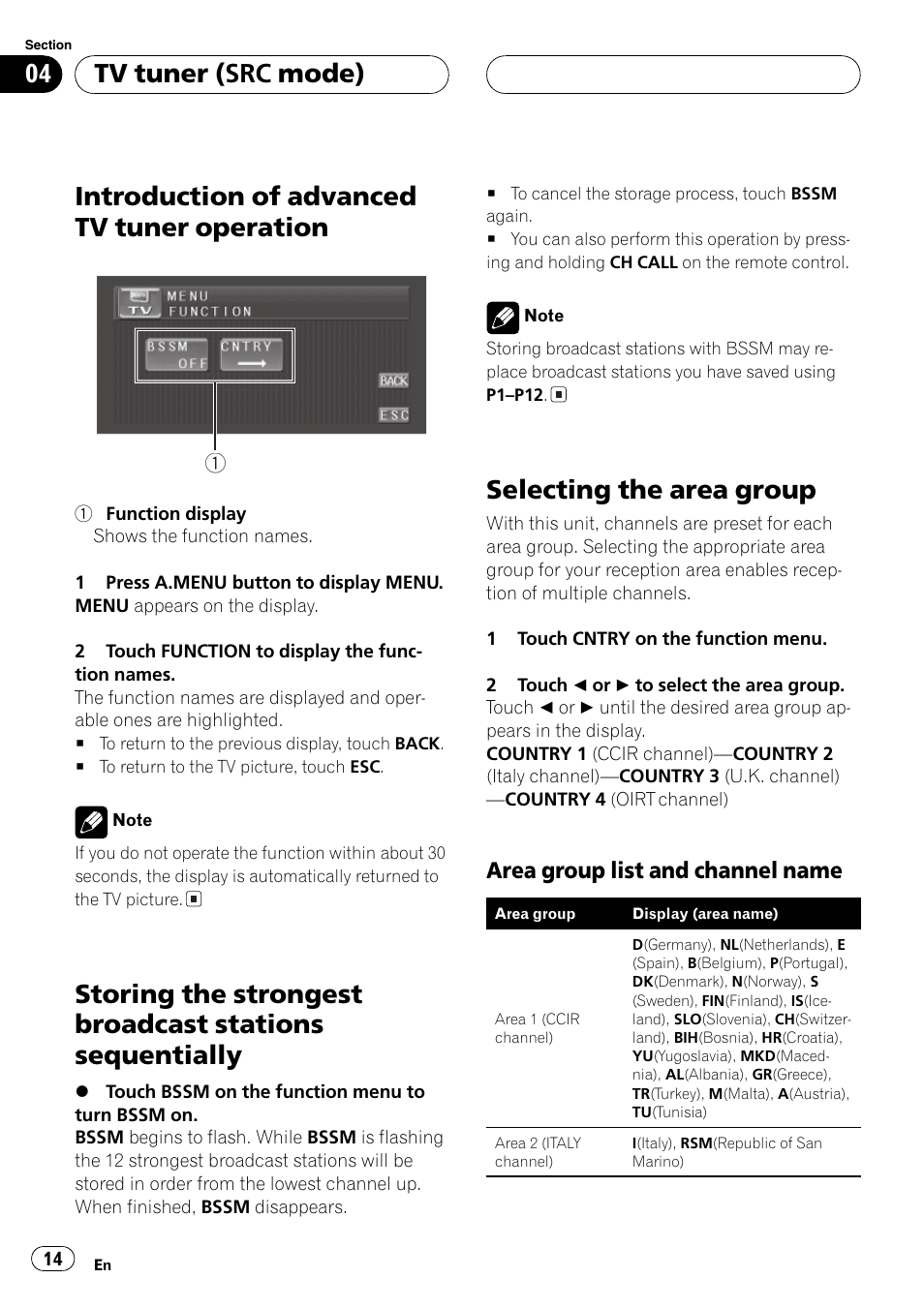 Introduction of advanced tv tuner, Operation 14, Storing the strongest broadcast stations | Sequentially 14, Selecting the area group 14, Area group list and channel, Name 14, Introduction of advanced tv tuner operation, Selecting the area group, Tv tuner (src mode) | Pioneer GEX-P5700TVP User Manual | Page 14 / 105