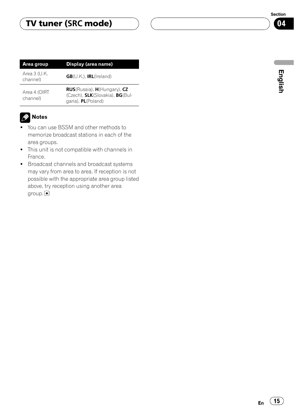 Tv tuner (src mode), English | Pioneer GEX-P5700TVP User Manual | Page 15 / 105