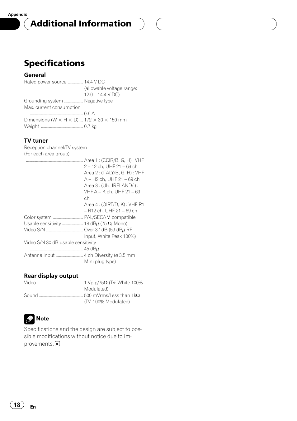 Additional information specifications 18, Specifications, Additional information | Pioneer GEX-P5700TVP User Manual | Page 18 / 105