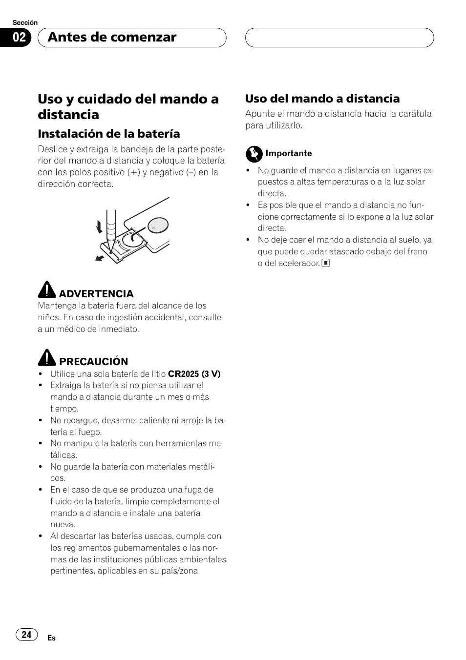 Uso y cuidado del mando a distancia 24, Instalación de la batería 24, Uso del mando a distancia 24 | Uso y cuidado del mando a distancia, Antes de comenzar, Instalación de la batería, Uso del mando a distancia | Pioneer GEX-P5700TVP User Manual | Page 24 / 105