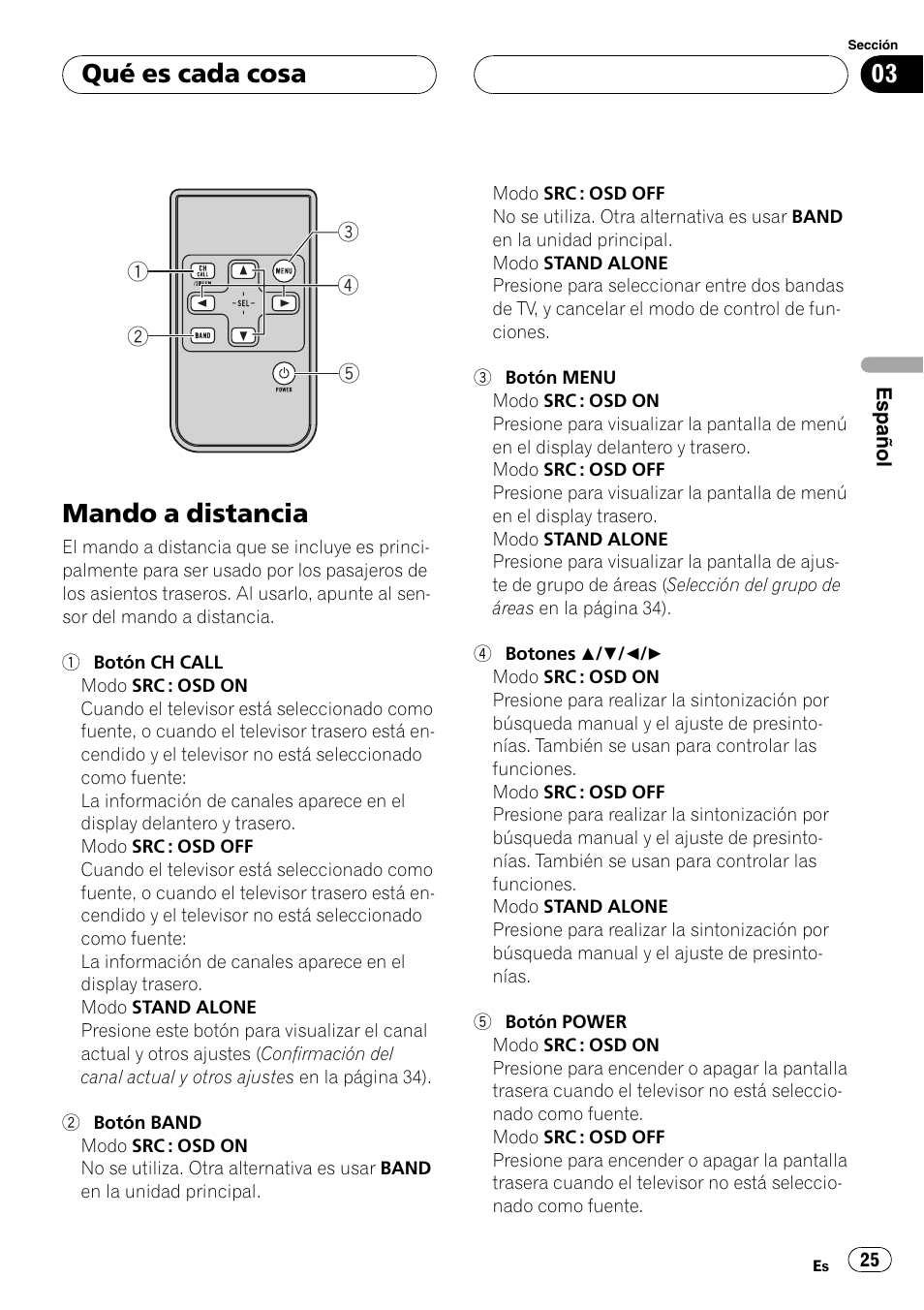 Qué es cada cosa mando a distancia 25, Mando a distancia, Qué es cada cosa | Pioneer GEX-P5700TVP User Manual | Page 25 / 105