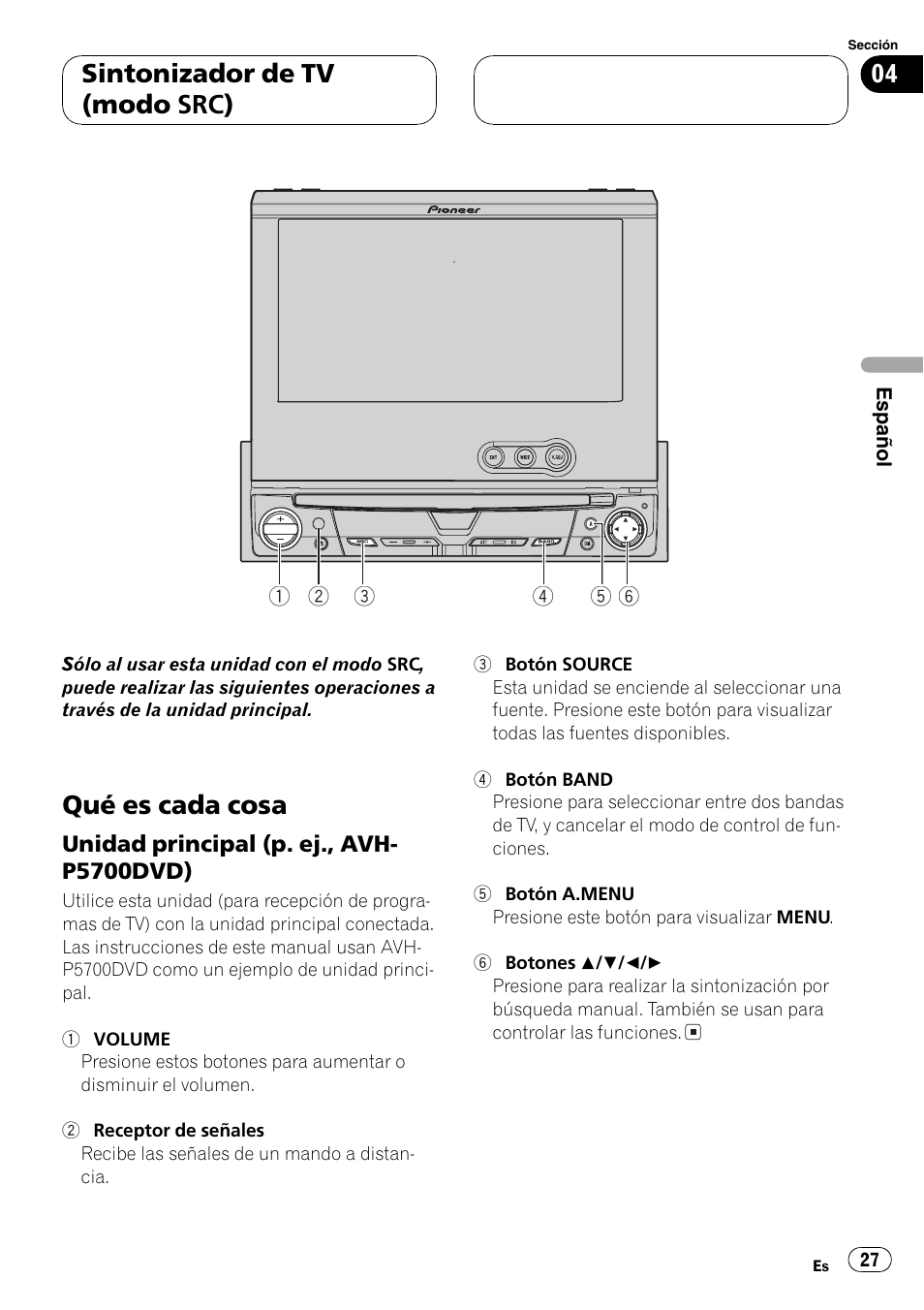 Sintonizador de tv (modo src) qué es cada cosa 27, Unidad principal (p. ej., avh, P5700dvd) 27 | Qué es cada cosa, Sintonizador de tv (modo src) | Pioneer GEX-P5700TVP User Manual | Page 27 / 105