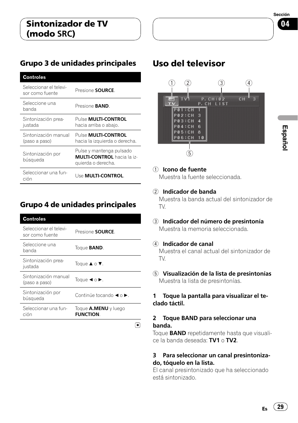 Grupo 3 de unidades principales 29, Grupo 4 de unidades principales 29, Uso del televisor 29 | Uso del televisor, Sintonizador de tv (modo src), Grupo 3 de unidades principales, Grupo 4 de unidades principales, Español | Pioneer GEX-P5700TVP User Manual | Page 29 / 105