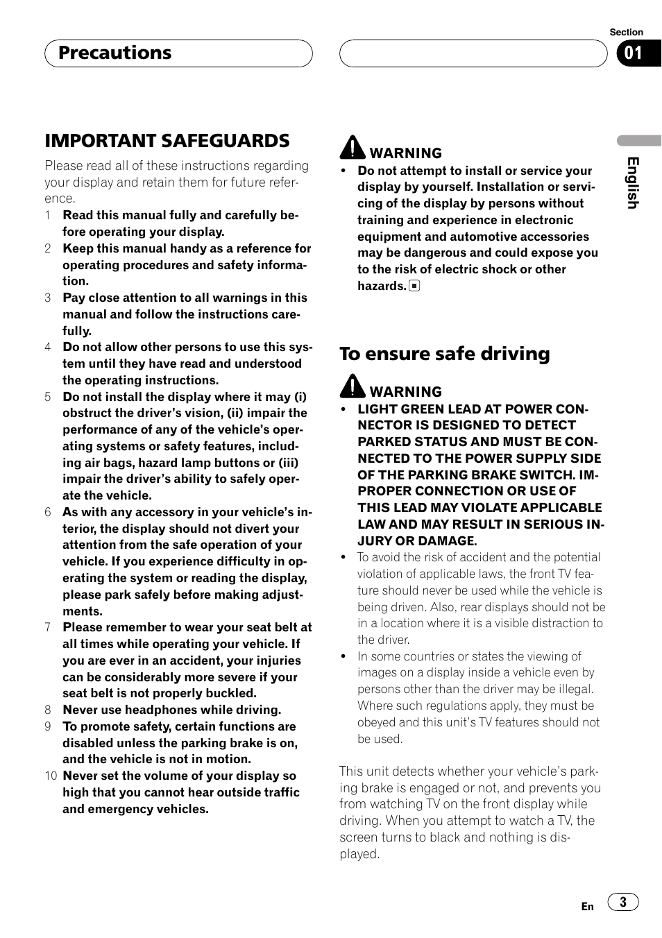 Important safeguards, Precautions | Pioneer GEX-P5700TVP User Manual | Page 3 / 105