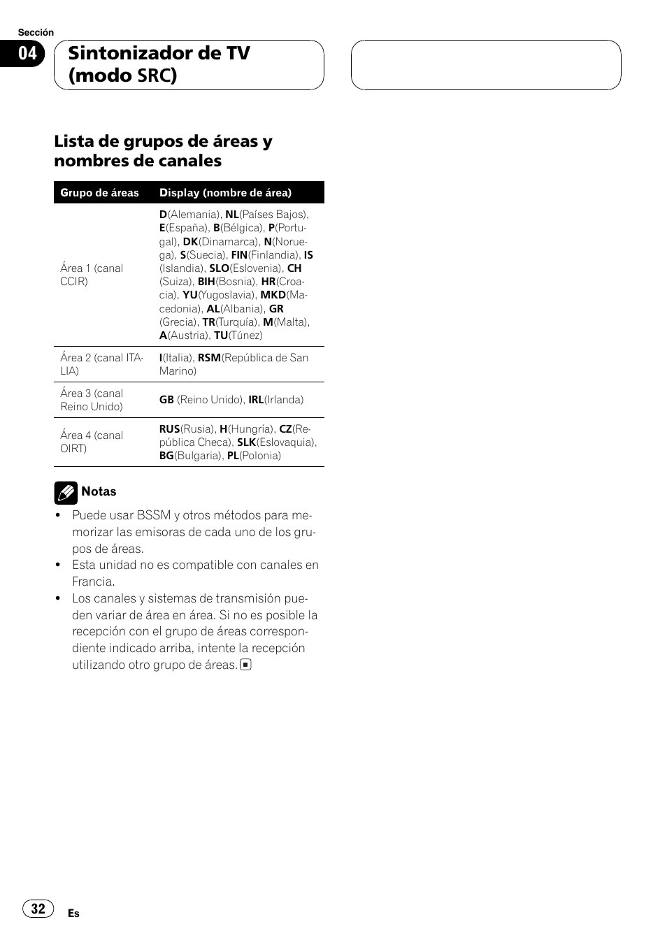 Lista de grupos de áreas y nombres de, Canales 32, Sintonizador de tv (modo src) | Lista de grupos de áreas y nombres de canales | Pioneer GEX-P5700TVP User Manual | Page 32 / 105