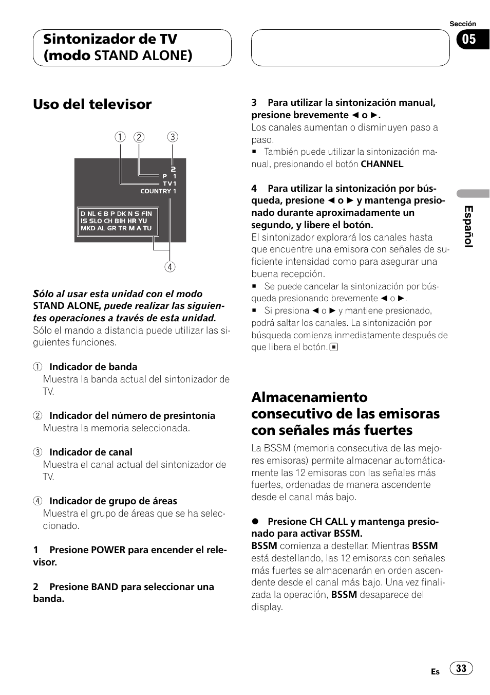 Emisoras con señales más fuertes 33, Uso del televisor, Sintonizador de tv (modo stand alone) | Pioneer GEX-P5700TVP User Manual | Page 33 / 105