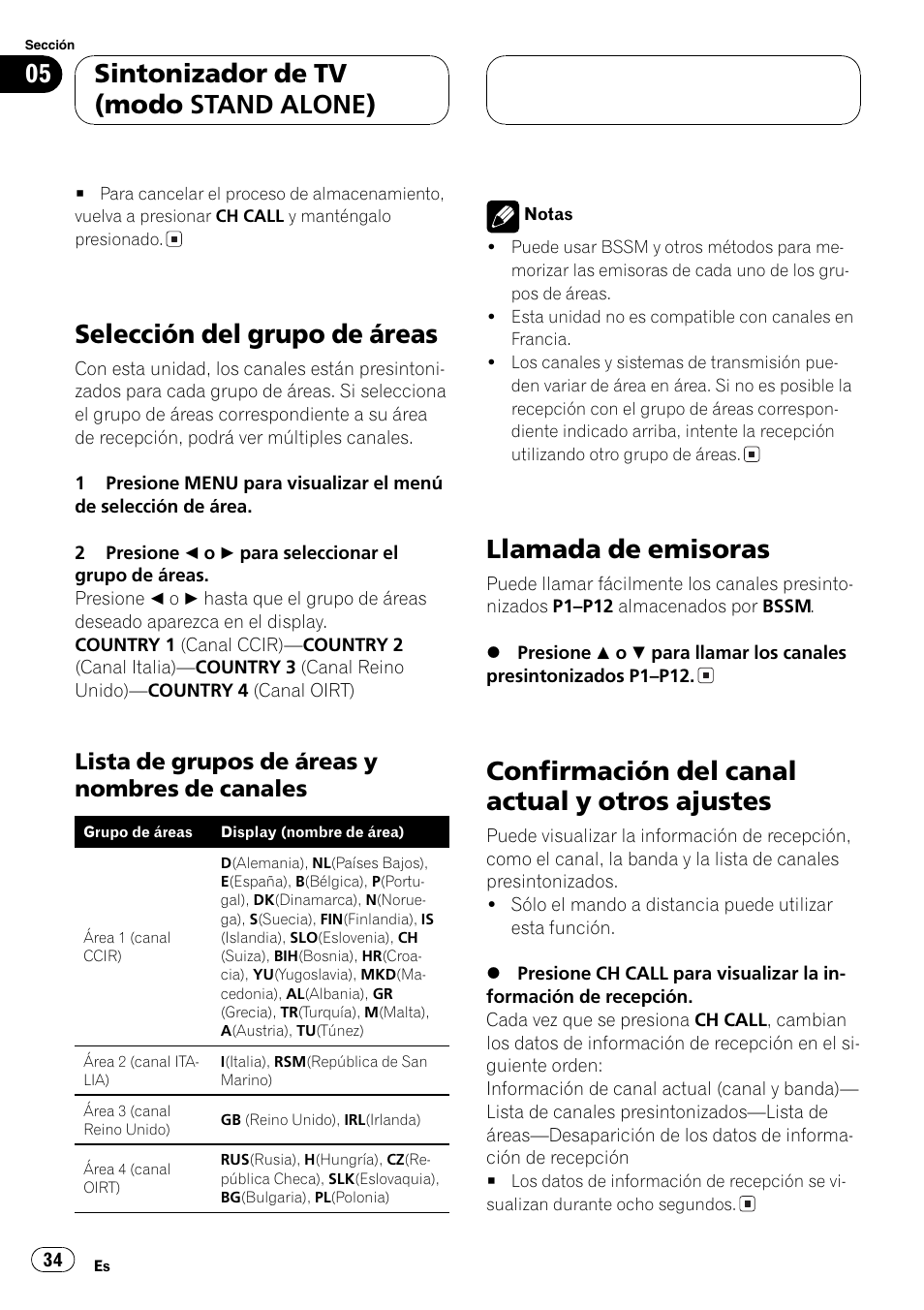 Selección del grupo de áreas 34, Lista de grupos de áreas y nombres de, Canales 34 | Ajustes 34, Confirmación del, Selección del grupo de, Selección del grupo de áreas, Llamada de emisoras, Confirmación del canal actual y otros ajustes, Sintonizador de tv (modo stand alone) | Pioneer GEX-P5700TVP User Manual | Page 34 / 105