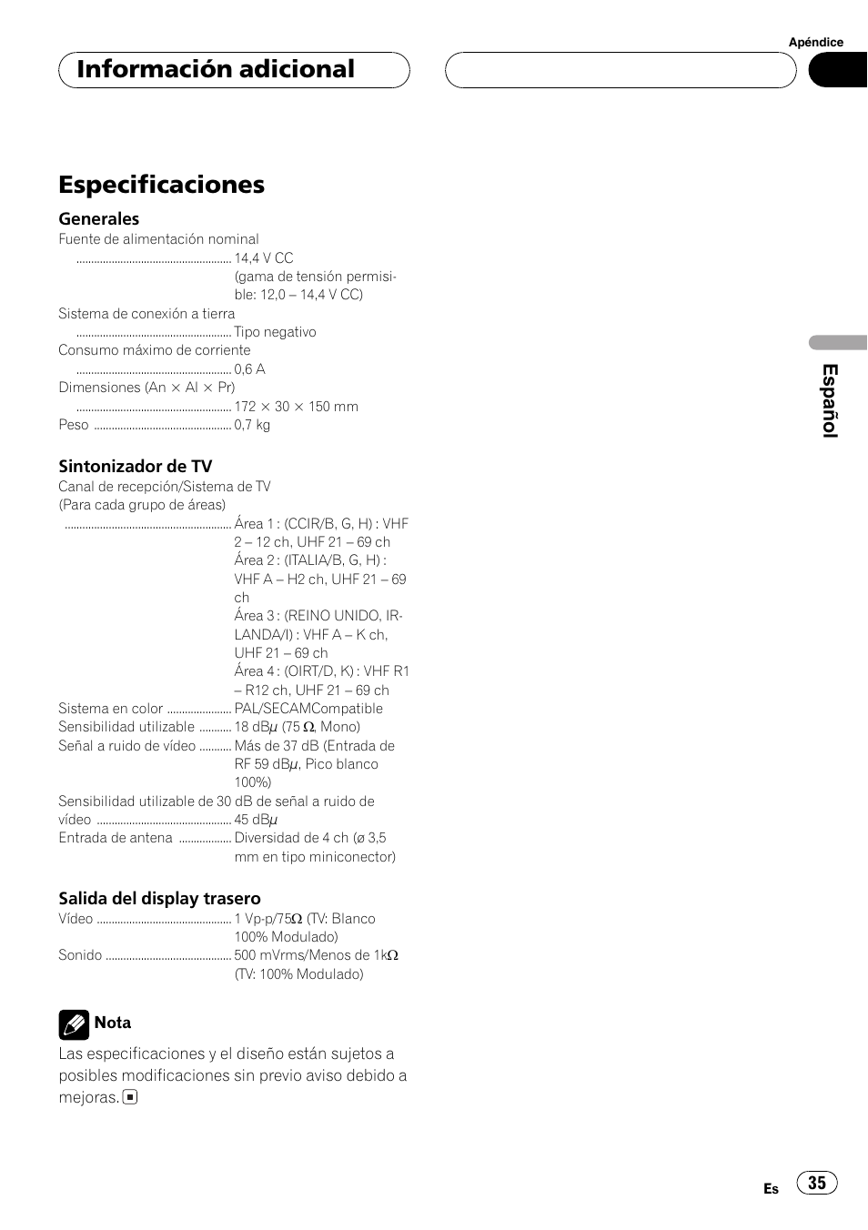 Información adicional especificaciones 35, Especificaciones, Información adicional | Español | Pioneer GEX-P5700TVP User Manual | Page 35 / 105