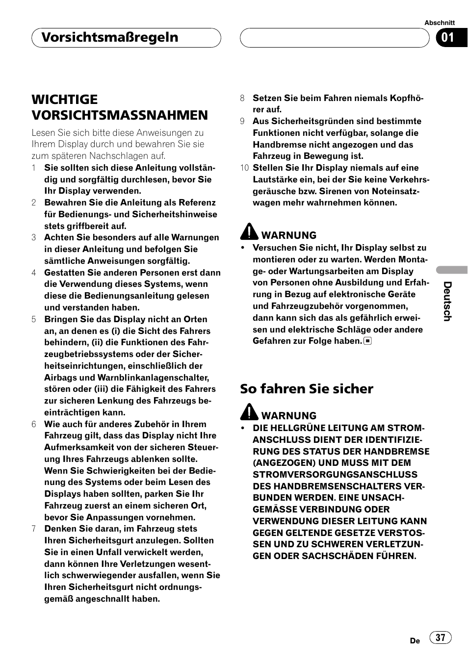 Wichtige vorsichtsmassnahmen, So fahren sie sicher, Vorsichtsmaßregeln | Pioneer GEX-P5700TVP User Manual | Page 37 / 105