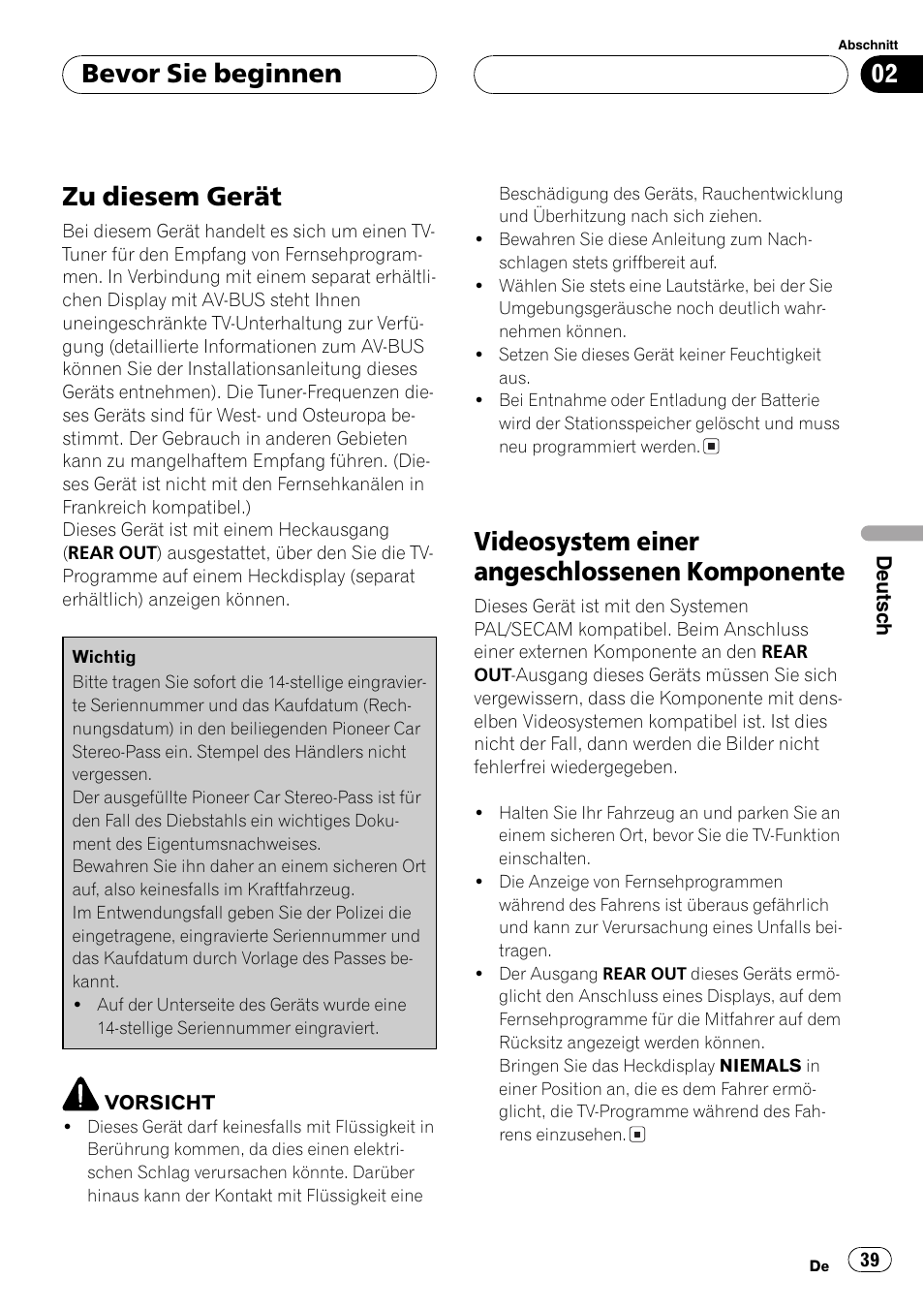 Komponente 39, Zu diesem gerät, Videosystem einer angeschlossenen komponente | Bevor sie beginnen | Pioneer GEX-P5700TVP User Manual | Page 39 / 105