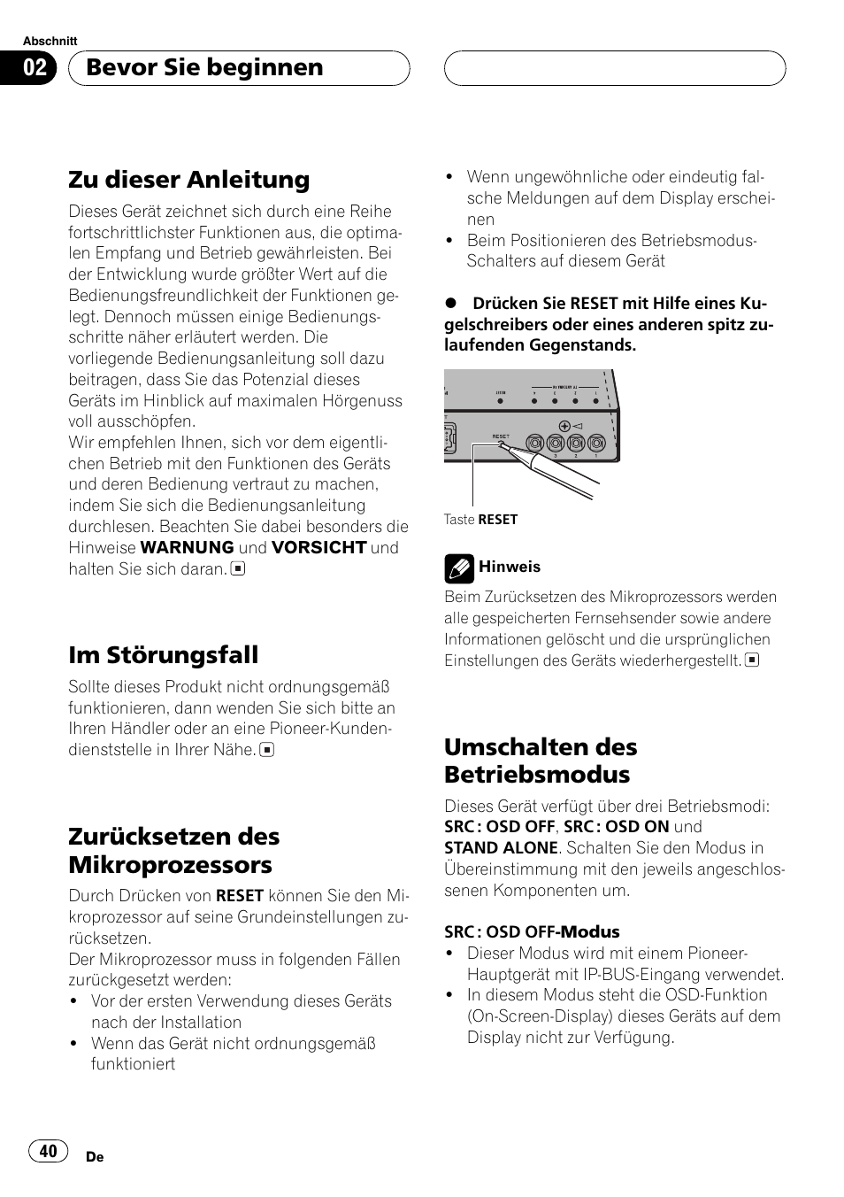 Zu dieser anleitung, Im störungsfall, Zurücksetzen des mikroprozessors | Umschalten des betriebsmodus, Bevor sie beginnen | Pioneer GEX-P5700TVP User Manual | Page 40 / 105