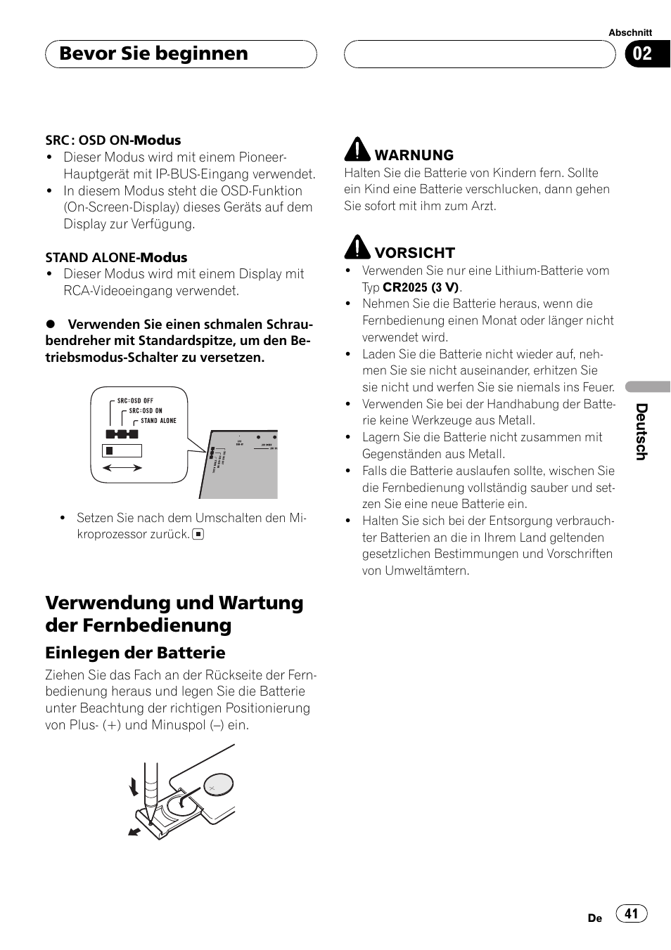 Verwendung und wartung der, Fernbedienung 41, Einlegen der batterie 41 | Verwendung und wartung der fernbedienung, Bevor sie beginnen, Einlegen der batterie | Pioneer GEX-P5700TVP User Manual | Page 41 / 105